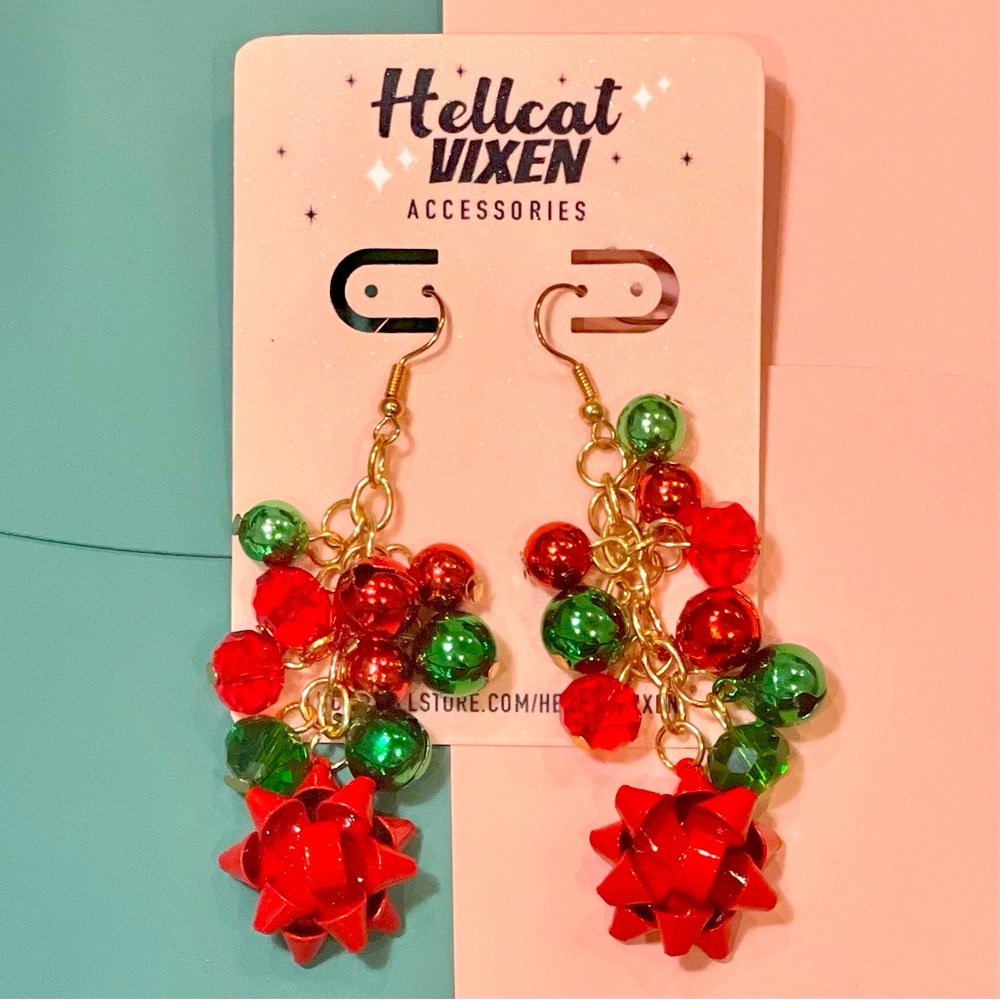 Vintage Chrismtas Gift wrap Bow & Bell Charm Necklace Bracelet Drop Earrings Set - Picture 6 of 7